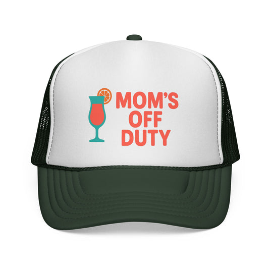 Mom's Off Duty Trucker Hat - Front View - Vacation Mom Hat with Cocktail Graphic