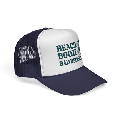 Beach, Booze & Bad Decisions Trucker Hat – Funny Cruise Hat for Women, Party Vacation Cap, Girls Trip Gift