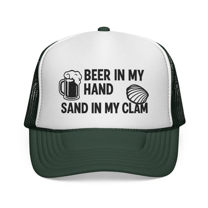 Beer in My Hand, Sand in My Clam Trucker Hat – Funny Beach Hat for Women, Cheeky Vacation Cap, Cruise Girls Trip Gift