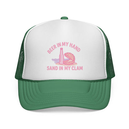 Beer in My Hand, Sand in My Clam Trucker Hat V2 – Funny Beach Hat for Women, Cheeky Vacation Cap, Cruise Girls Trip Gift