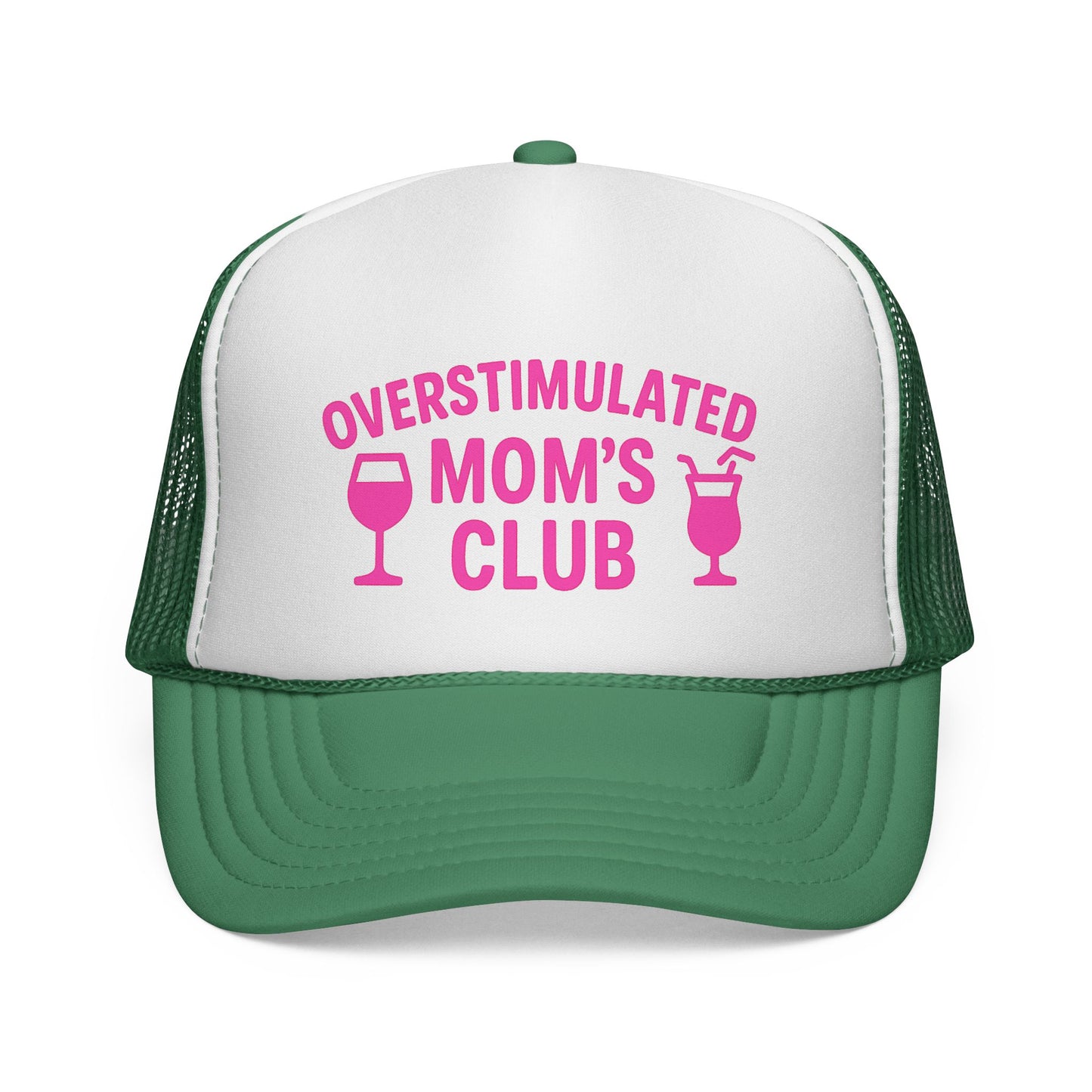 Overstimulated Moms Club Trucker Hat – Funny Mom Hat, Hot Pink Vacation Vibes, Relatable Gift for Tired Moms