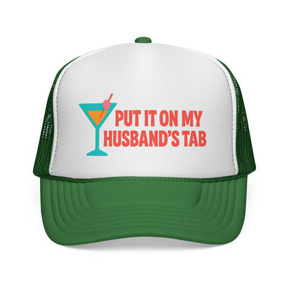 Put It on My Husband's Tab Trucker Hat - Detail View - Fun Cruise & Beach Hat