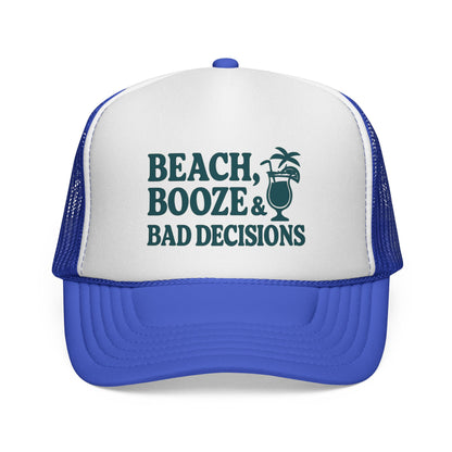 Beach, Booze & Bad Decisions Trucker Hat – Funny Cruise Hat for Women, Party Vacation Cap, Girls Trip Gift