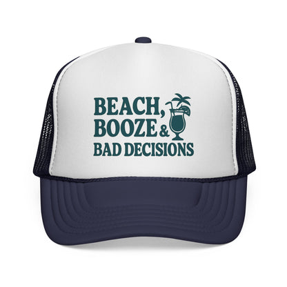 Beach, Booze & Bad Decisions Trucker Hat – Funny Cruise Hat for Women, Party Vacation Cap, Girls Trip Gift
