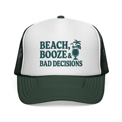 Beach, Booze & Bad Decisions Trucker Hat – Funny Cruise Hat for Women, Party Vacation Cap, Girls Trip Gift
