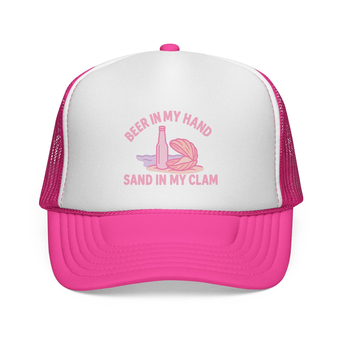Beer in My Hand, Sand in My Clam Trucker Hat V2 – Funny Beach Hat for Women, Cheeky Vacation Cap, Cruise Girls Trip Gift