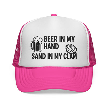 Beer in My Hand, Sand in My Clam Trucker Hat – Funny Beach Hat for Women, Cheeky Vacation Cap, Cruise Girls Trip Gift