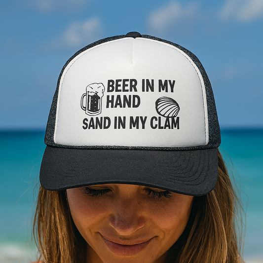 Beer in My Hand, Sand in My Clam Trucker Hat – Funny Beach Hat for Women, Cheeky Vacation Cap, Cruise Girls Trip Gift