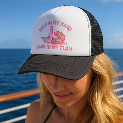 Beer in My Hand, Sand in My Clam Trucker Hat V2 – Funny Beach Hat for Women, Cheeky Vacation Cap, Cruise Girls Trip Gift