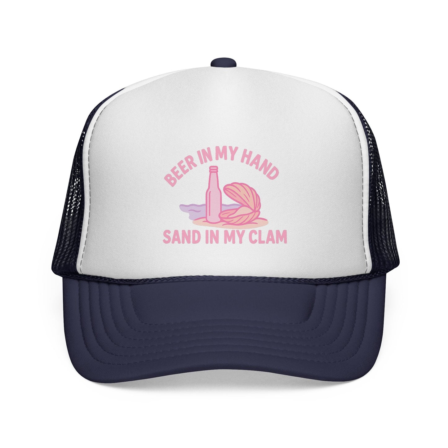 Beer in My Hand, Sand in My Clam Trucker Hat V2 – Funny Beach Hat for Women, Cheeky Vacation Cap, Cruise Girls Trip Gift
