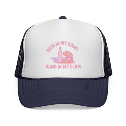 Beer in My Hand, Sand in My Clam Trucker Hat V2 – Funny Beach Hat for Women, Cheeky Vacation Cap, Cruise Girls Trip Gift