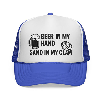 Beer in My Hand, Sand in My Clam Trucker Hat – Funny Beach Hat for Women, Cheeky Vacation Cap, Cruise Girls Trip Gift