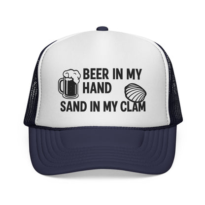 Beer in My Hand, Sand in My Clam Trucker Hat – Funny Beach Hat for Women, Cheeky Vacation Cap, Cruise Girls Trip Gift