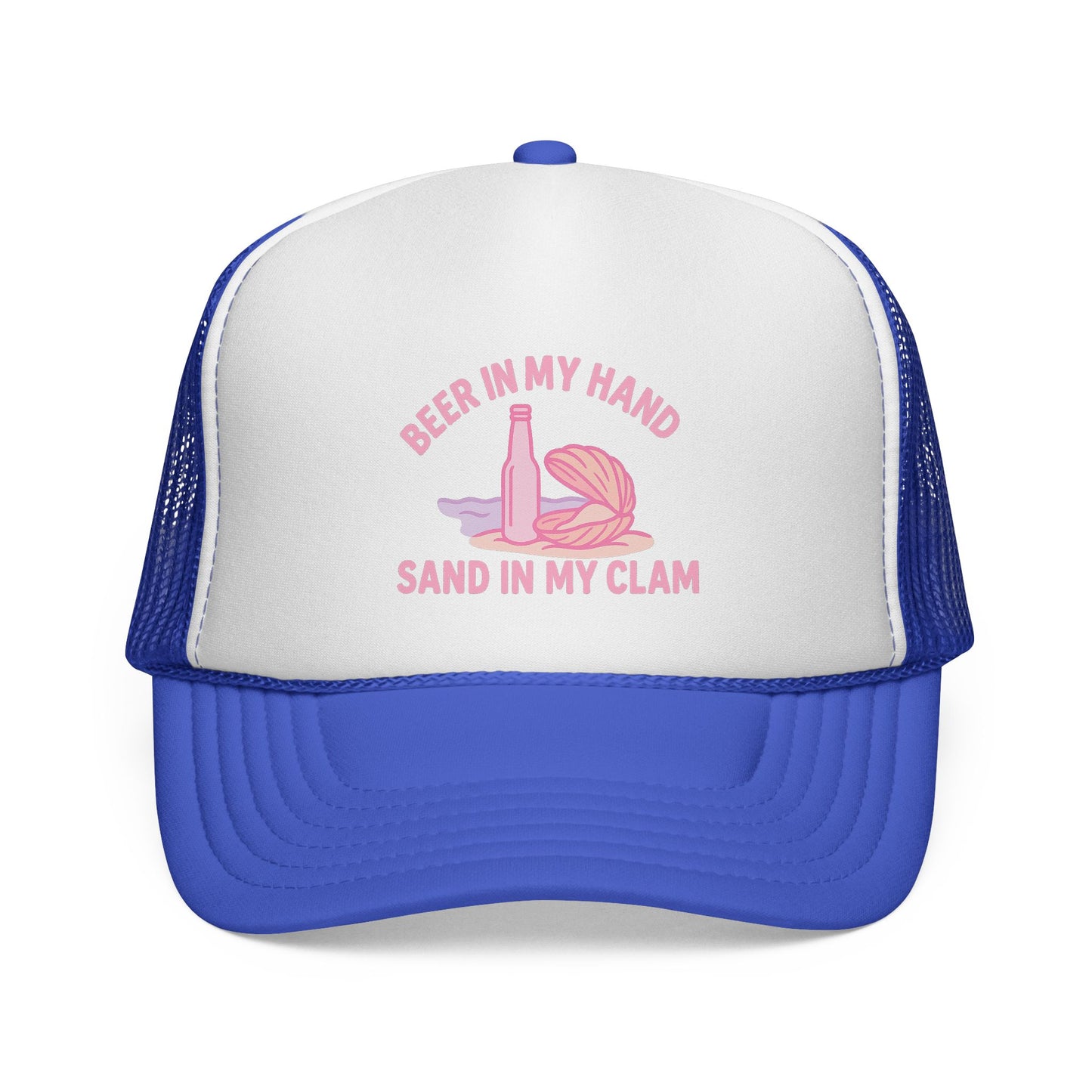 Beer in My Hand, Sand in My Clam Trucker Hat V2 – Funny Beach Hat for Women, Cheeky Vacation Cap, Cruise Girls Trip Gift