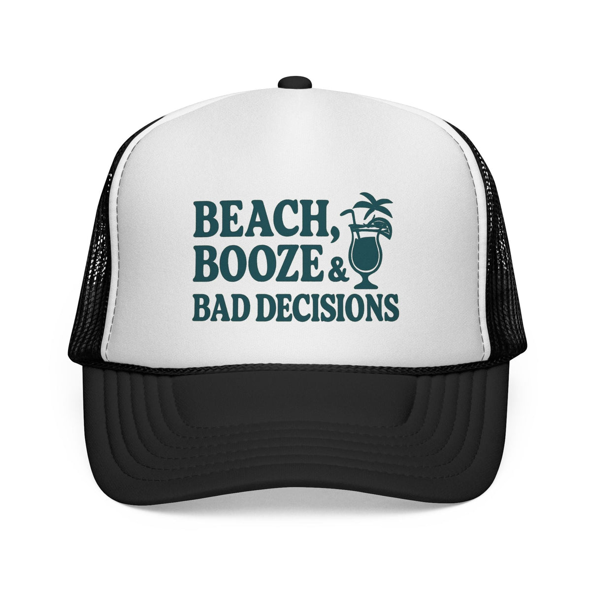 Black Beach, Booze & Bad Decisions Hat, front view of the printed panel