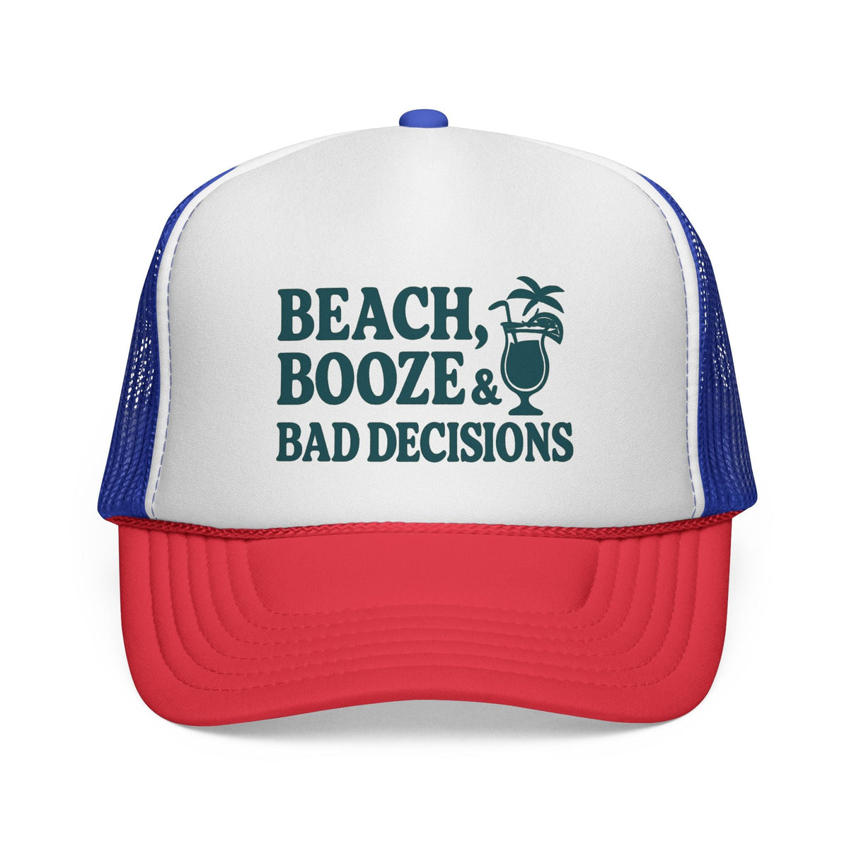 Blue and Red Beach, Booze & Bad Decisions Hat, front view of the printed panel