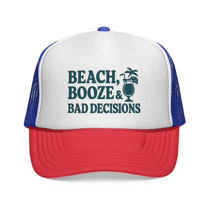 Blue and Red Beach, Booze & Bad Decisions Hat, front view of the printed panel
