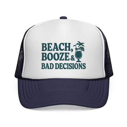 Dark Navy Beach, Booze & Bad Decisions Hat, front view of the printed panel