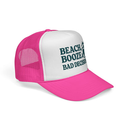 Pink Beach, Booze & Bad Decisions Hat, side view showing the curved brim
