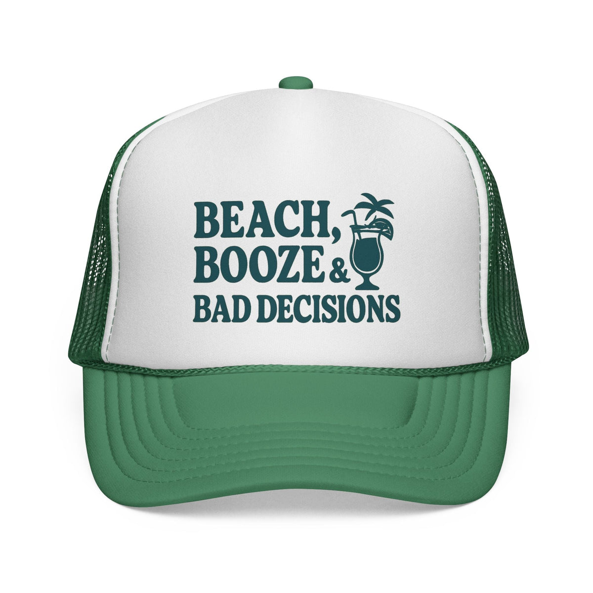 Green Beach, Booze & Bad Decisions Hat, front view of the printed panel