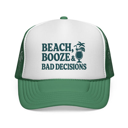Green Beach, Booze & Bad Decisions Hat, front view of the printed panel