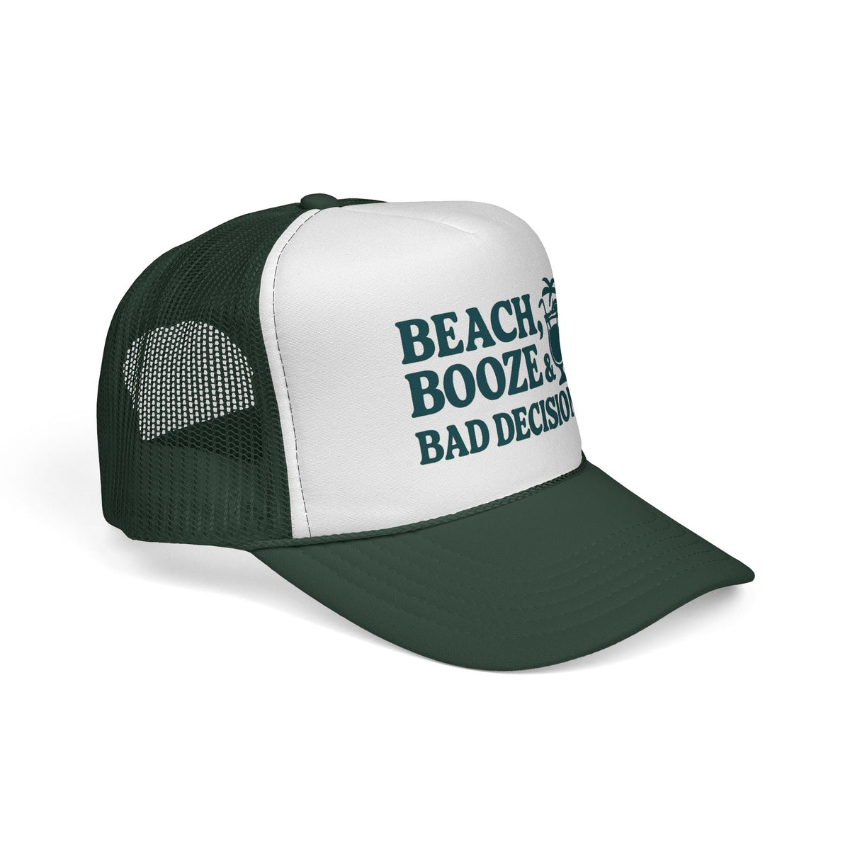 Dark Green Beach, Booze & Bad Decisions Hat, side view showing the curved brim