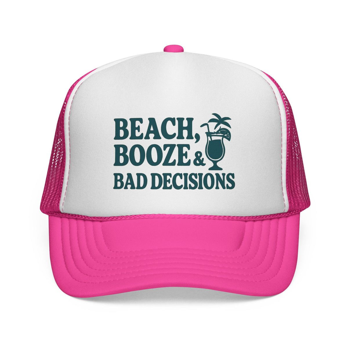 Pink Beach, Booze & Bad Decisions Hat, front view of the printed panel