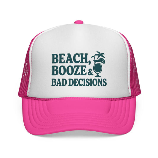 Pink Beach, Booze & Bad Decisions Hat, front view of the printed panel
