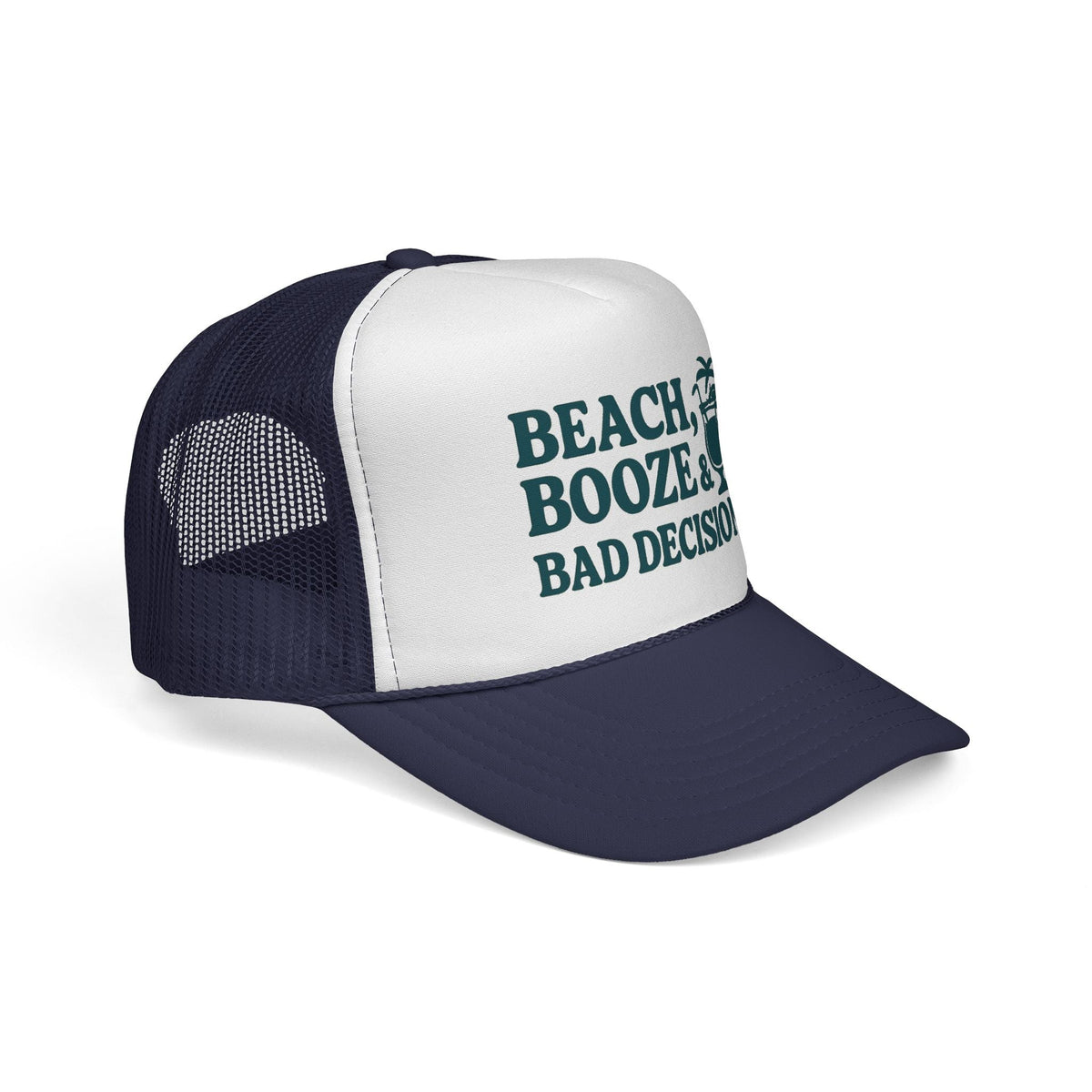 Dark Navy Beach, Booze & Bad Decisions Hat, side view showing the curved brim