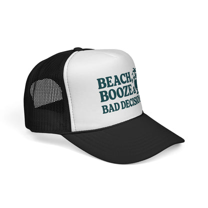 Black Beach, Booze & Bad Decisions Hat, side view showing the curved brim