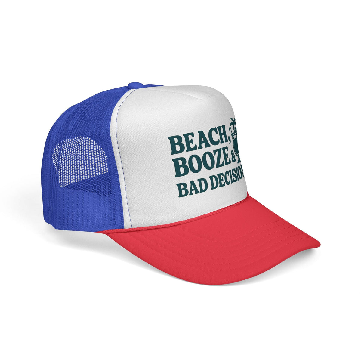 Blue and Red Beach, Booze & Bad Decisions Hat, side view showing the curved brim