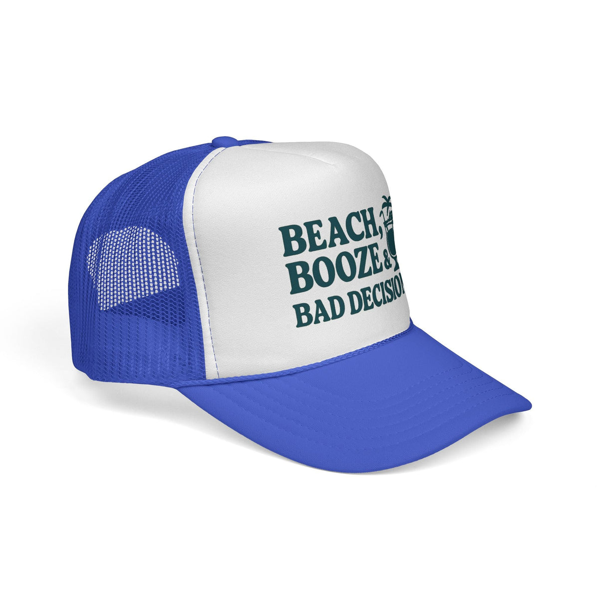 Royal Beach, Booze & Bad Decisions Hat, side view showing the curved brim