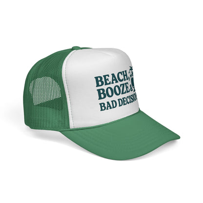 Green Beach, Booze & Bad Decisions Hat, side view showing the curved brim