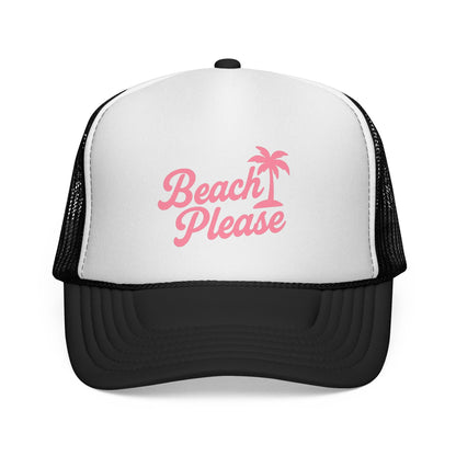Black Beach Please Trucker Hat, front view of the printed panel