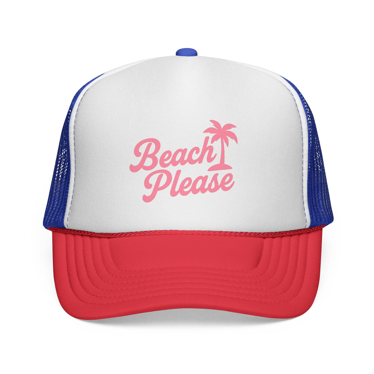 Blue and Red Beach Please Trucker Hat, front view of the printed panel