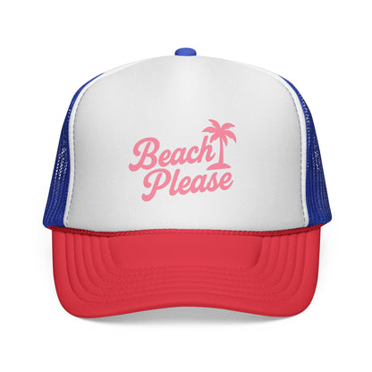 Blue and Red Beach Please Trucker Hat, front view of the printed panel
