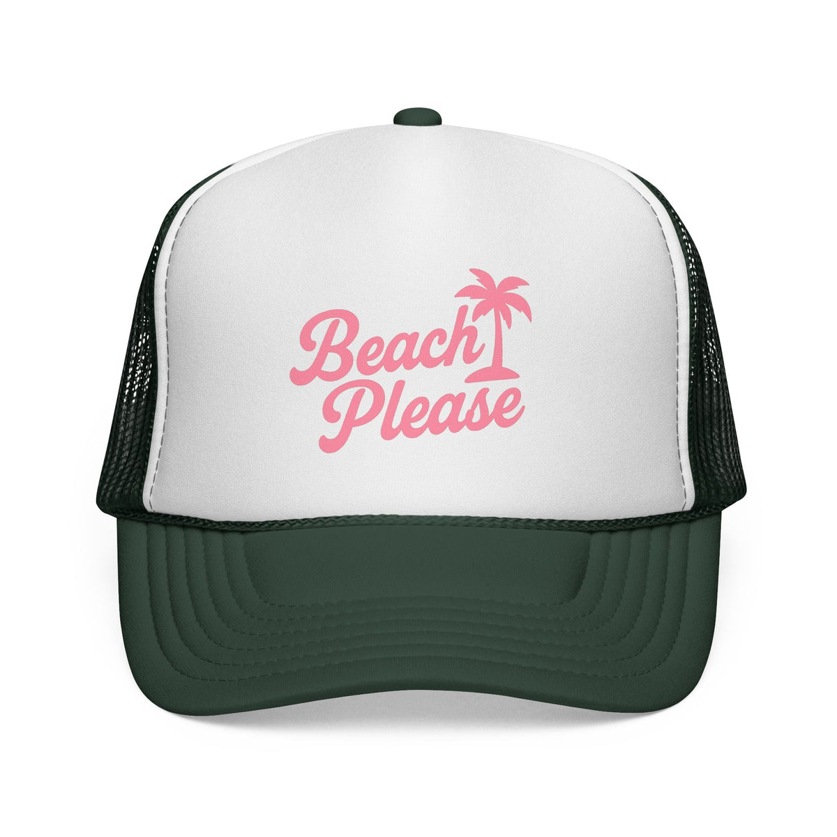 Dark Green Beach Please Trucker Hat, front view of the printed panel