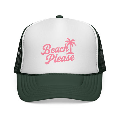 Dark Green Beach Please Trucker Hat, front view of the printed panel