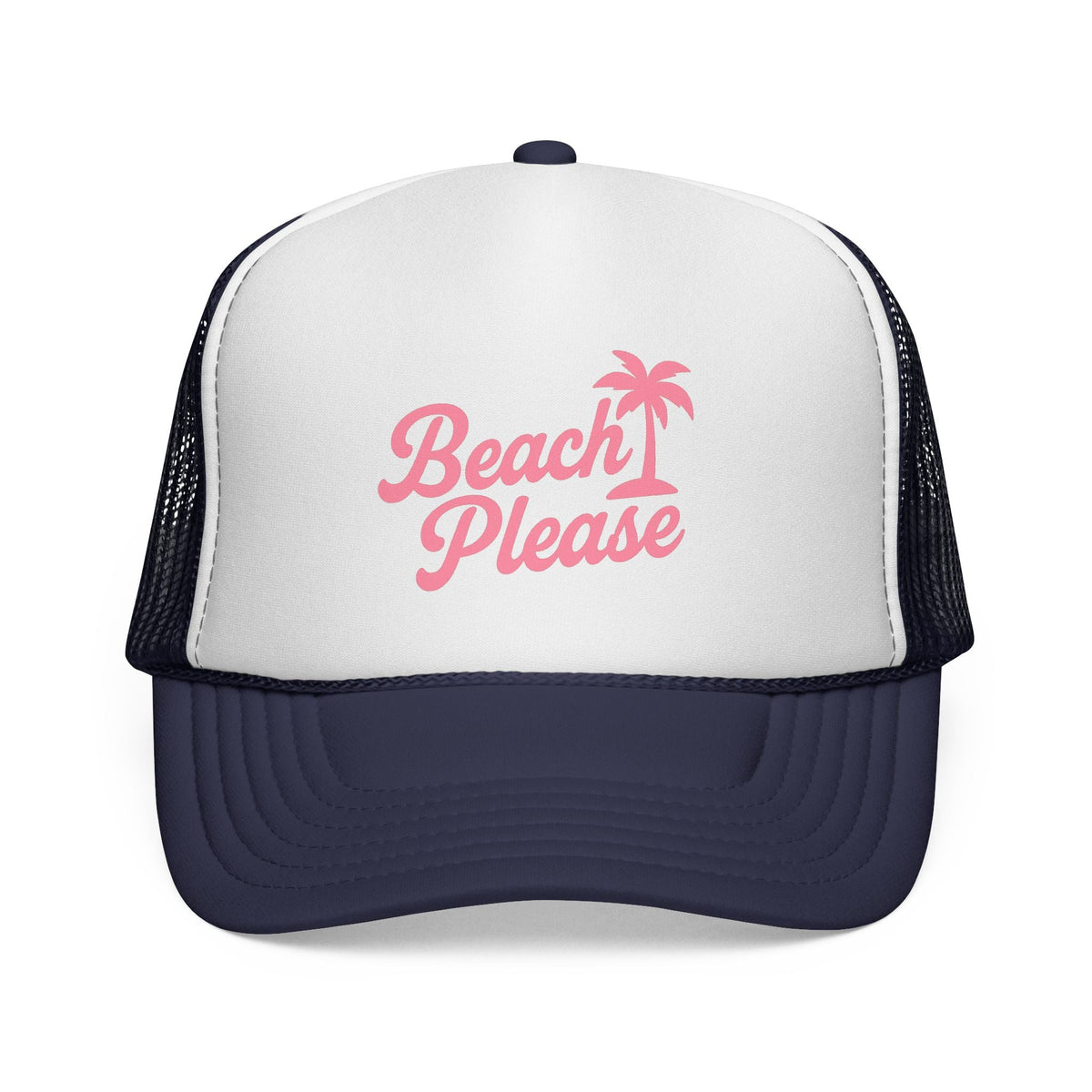 Dark Navy Beach Please Trucker Hat, front view of the printed panel