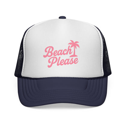 Dark Navy Beach Please Trucker Hat, front view of the printed panel