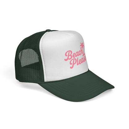 Dark Green Beach Please Trucker Hat, side view showing the curved brim