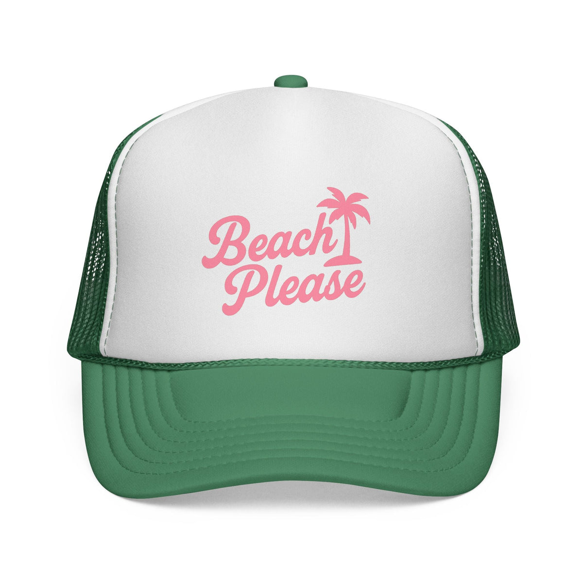 Green Beach Please Trucker Hat, front view of the printed panel