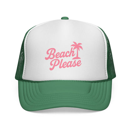 Green Beach Please Trucker Hat, front view of the printed panel