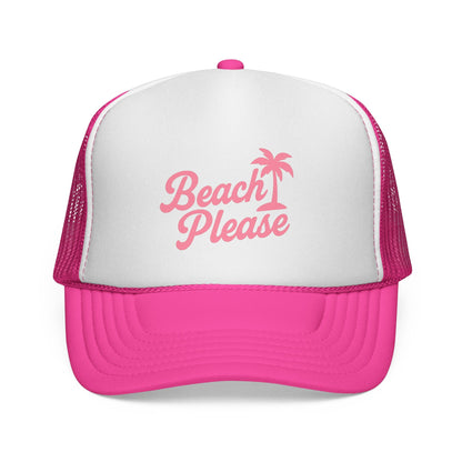 Pink Beach Please Trucker Hat, front view of the printed panel
