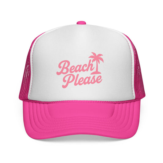 Pink Beach Please Trucker Hat, front view of the printed panel