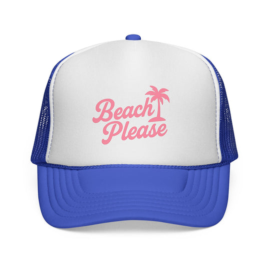 Royal Beach Please Trucker Hat, front view of the printed panel