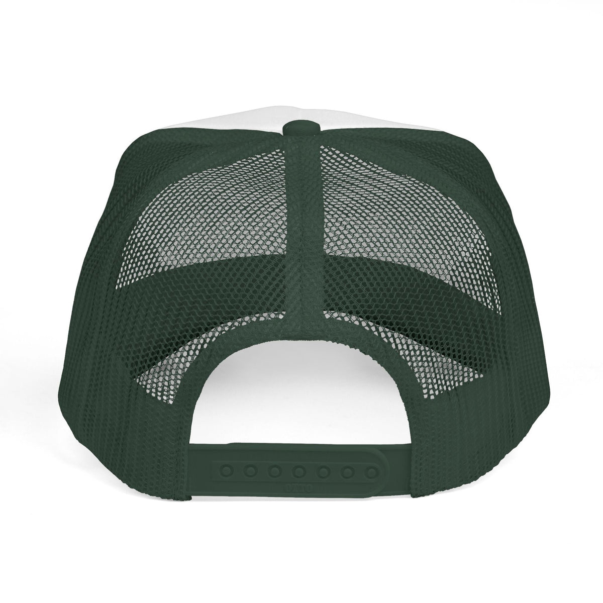 Dark Green Beach Please Trucker Hat, back view with mesh panels and adjustable snapback