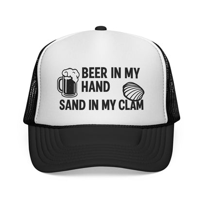 Black Beer in My Hand, Sand in My Clam Hat, black mug and clam print, front view of the printed panel