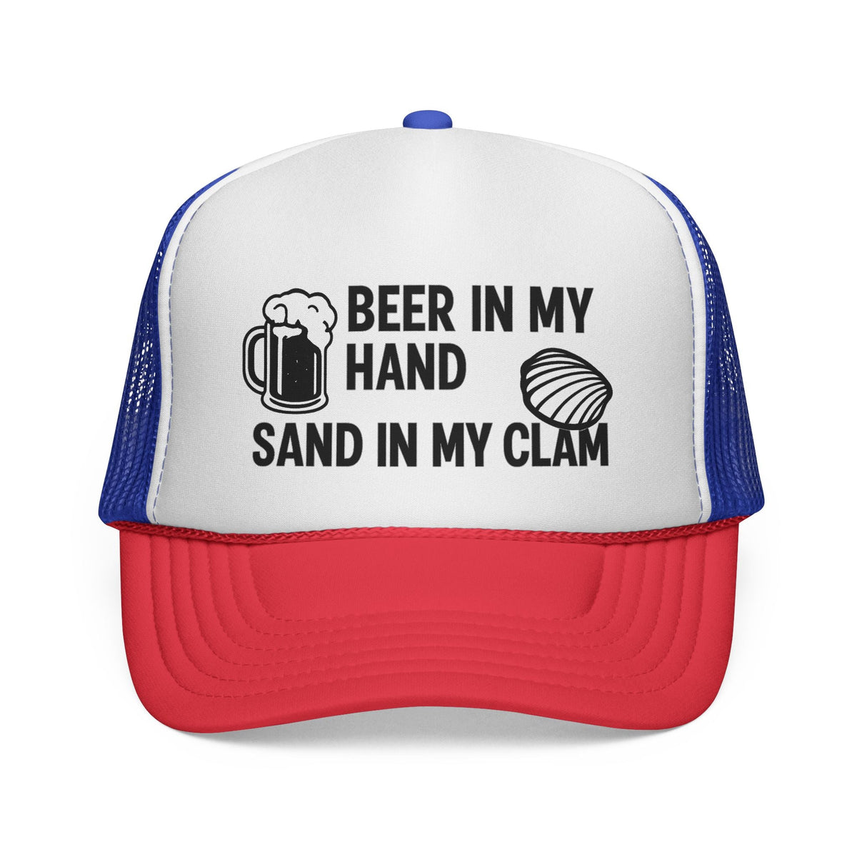 Blue and Red Beer in My Hand, Sand in My Clam Hat, black mug and clam print, front view of the printed panel