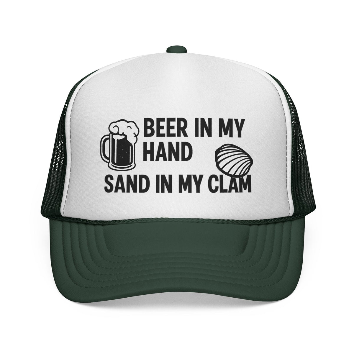 Dark Green Beer in My Hand, Sand in My Clam Hat, black mug and clam print, front view of the printed panel